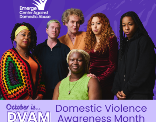 An image of people in front of a purple backdrop with a banner that reads "October is Domestic Violence Awareness Month" with the abbreviation "DVAM" included.