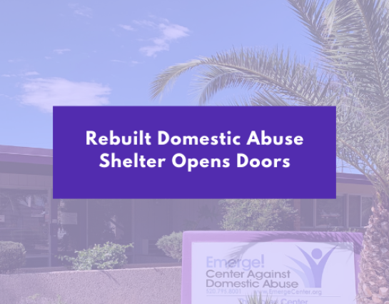 Post Cover Photo with title "Rebuilt Domestic Abuse Shelter Opens Doors". The text appears to be overlayed over a photo of the Emerge administrative building.