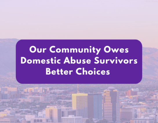 Imagine of Tucson's skyline with text that reads "Our Community Owes Domestic Abuse Survivors Better Choices"